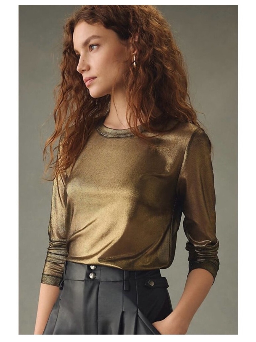 Porridge Metallic Gold Sheer Knit Long-Sleeve Top NWT